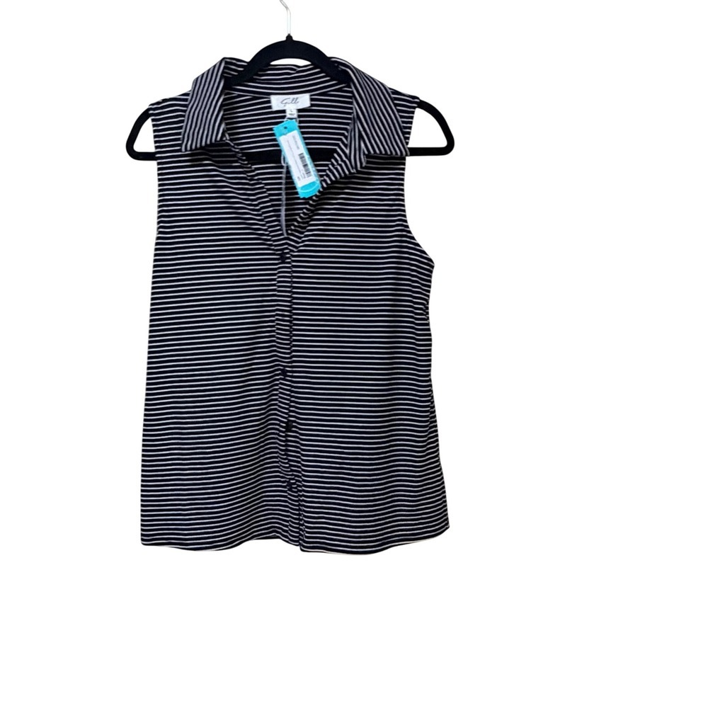 Gilli Leilani Sleeveless Button Up Collared Knit Top Black White Striped Size L